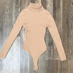 Impressions-Tan Ribbed Turtleneck Bodysuit
